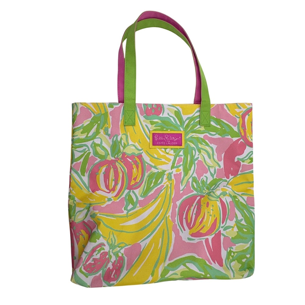 Lilly Pulitzer Estee Lauder Tote Bag Canvas Tropical Fruit Pink Yellow GreenNeon